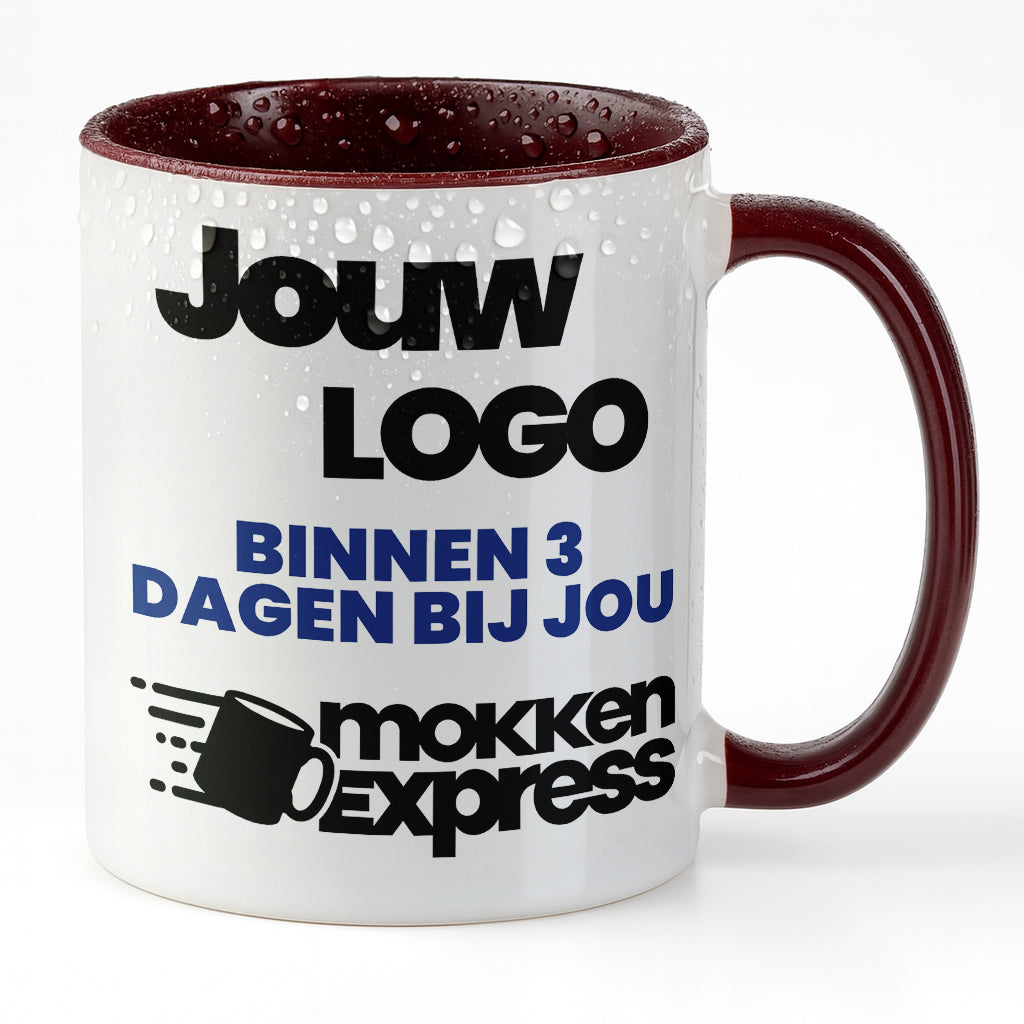 #Farbe_Maroon
Maroon keramische mok met logo bedrukt. Laat nu uw mok met bedrijfslogo bedrukken