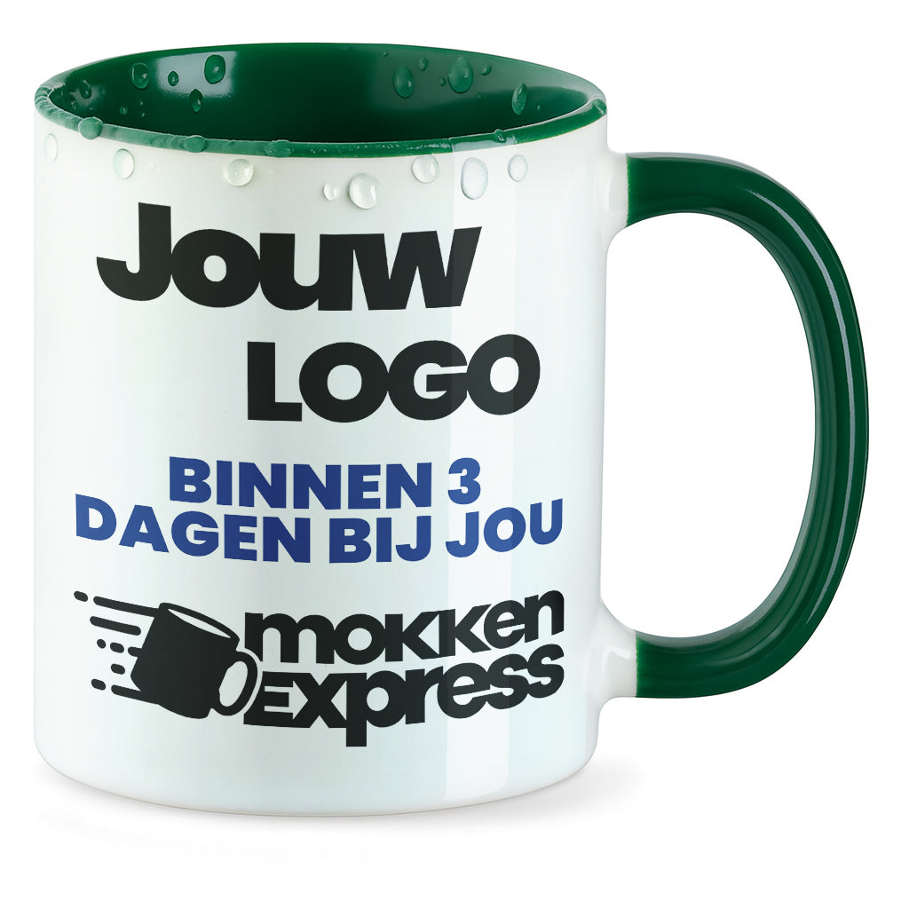 #Farbe_Donkergroen
Donkergroene keramische mok met logo bedrukt. Laat nu uw mok met bedrijfslogo bedrukken