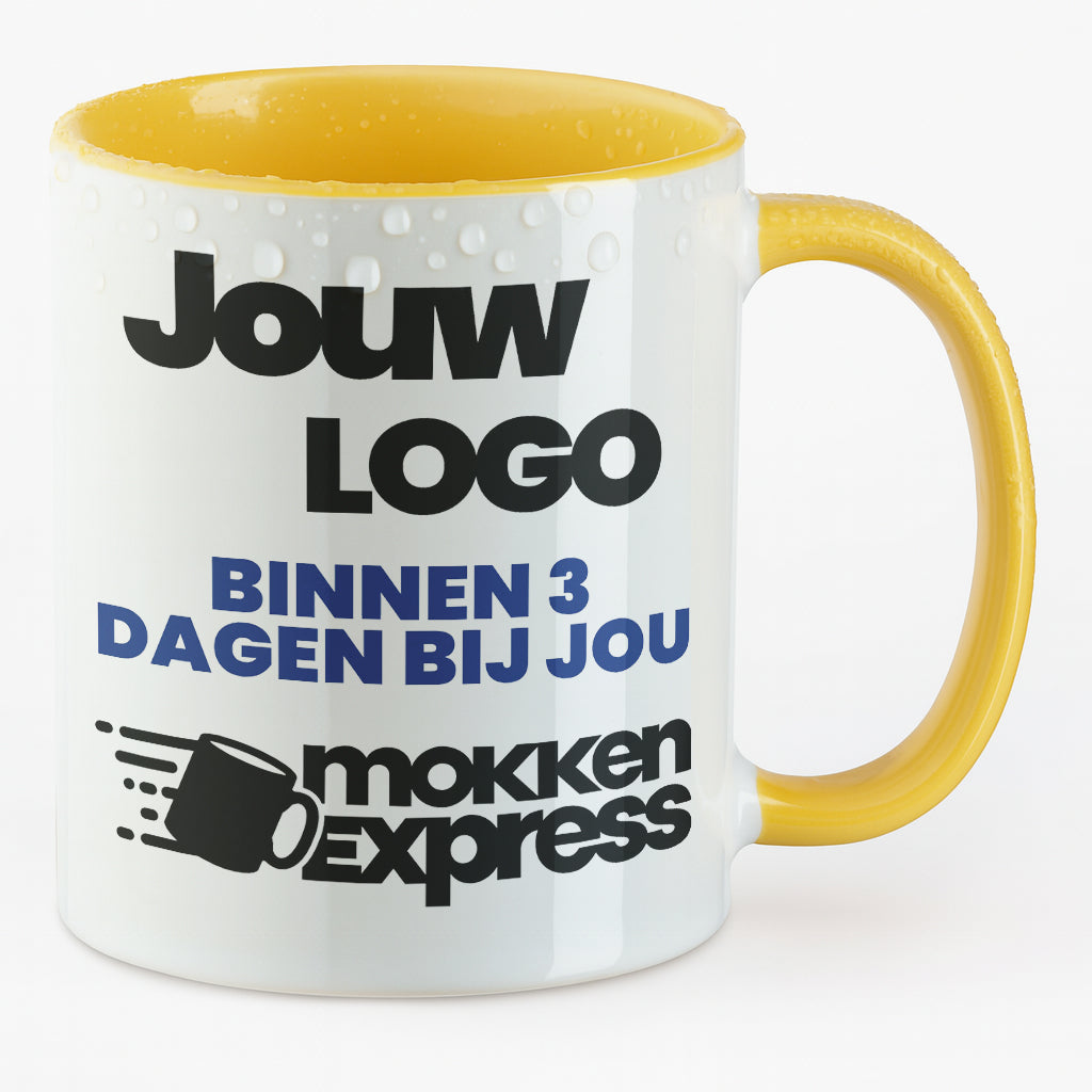 #Farbe_Goudgeel
Goudgele keramische mok met logo bedrukt. Laat nu uw mok met bedrijfslogo bedrukken