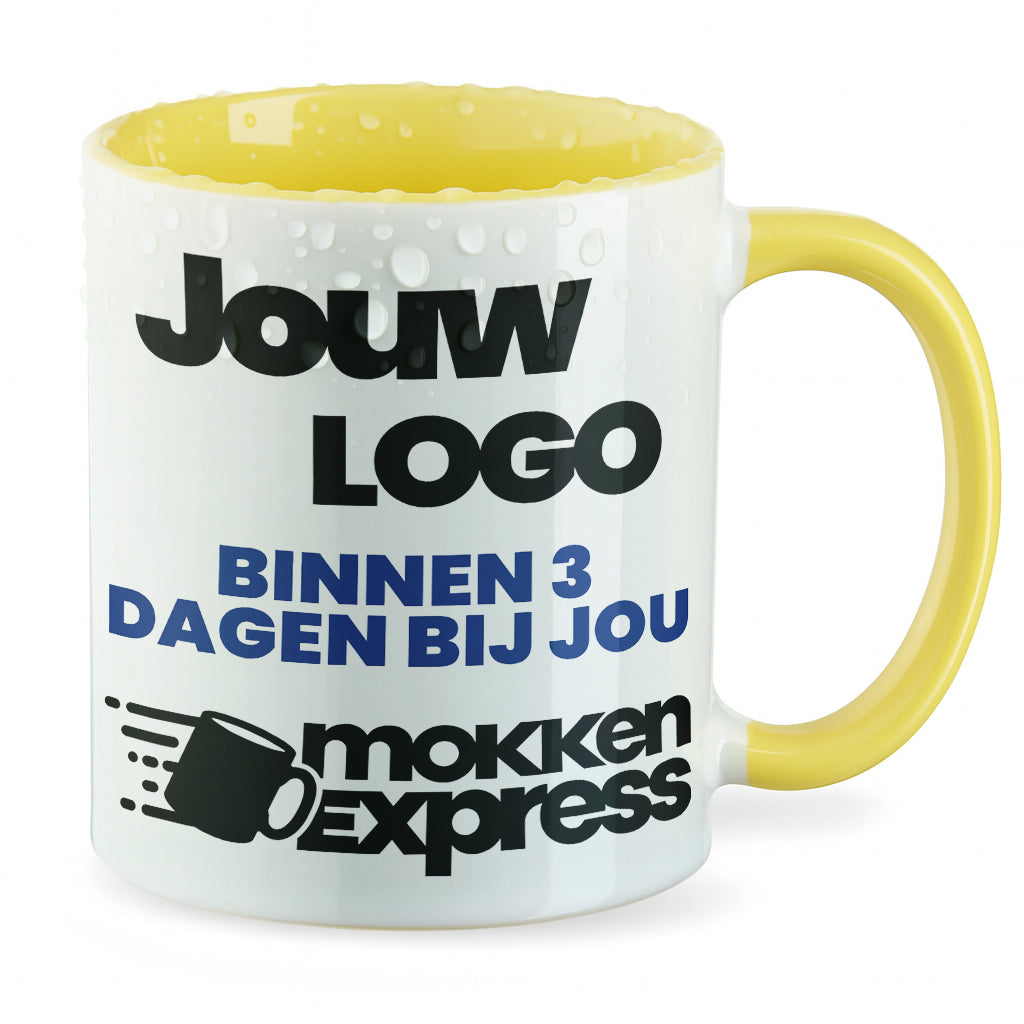 #Farbe_Geel
Gele keramische mok met logo bedrukt. Laat nu uw mok met bedrijfslogo bedrukken