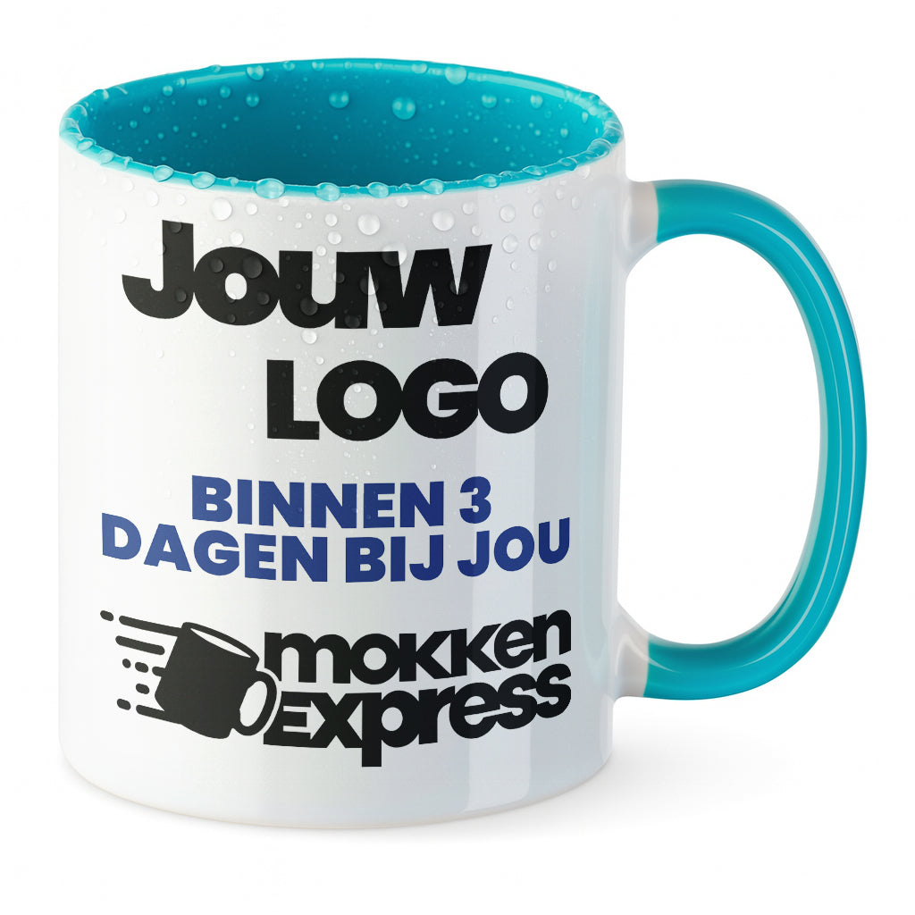 #Farbe_Turkoois
Turkooizen keramische mok met logo bedrukt. Laat nu uw mok met bedrijfslogo bedrukken